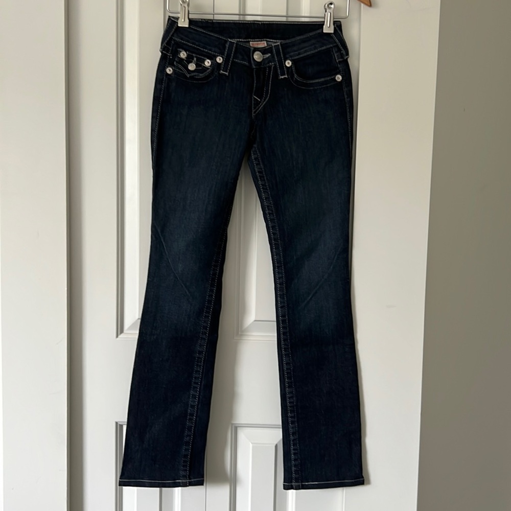 NWOT True Religion straight cut dark blue jeans.